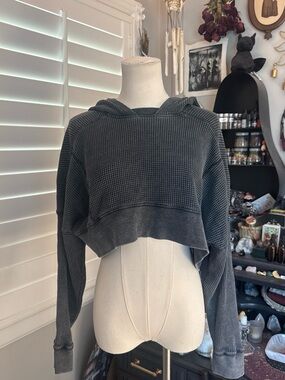 Cropped Waffle Knit Hoodie - Charcoal Gray